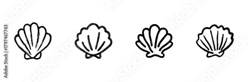 Seashell Line Icon Set In Doodle Style. Marine Life, Beach Decor, And Ocean Theme Outline Sketch Collection. Coastal And Nautical Design Elements. Hand Drawn Isolated Vector Illustration