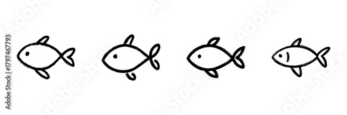 Four Fish Line Icon Set In Doodle Style. Marine Life, Aquatic Animals, And Ocean Creatures Outline Sketch Collection. Hand Drawn Isolated Vector Illustration