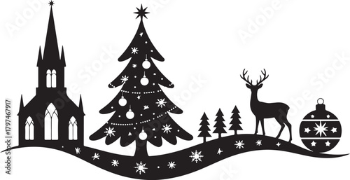 This Christmas silhouette card design showcases a graceful deer standing beside festive baubles and gift boxes placed beneath a holiday scene