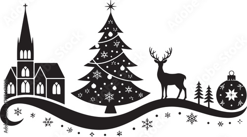 This Christmas silhouette card design showcases a graceful deer standing beside festive baubles and gift boxes placed beneath a holiday scene