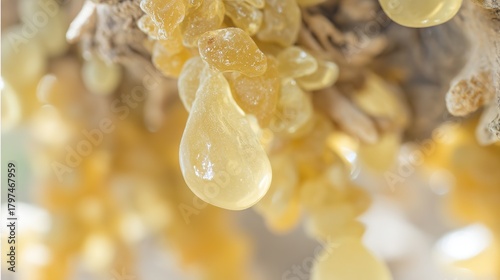 secretion. Close-up of frankincense tree bark with teardrop-shaped resin droplets glinting. gardening catalogs, home-decor guides, designed for gardening and botanical catalogs, used by clinicians.