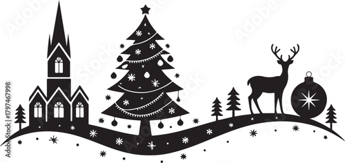 This Christmas silhouette card design showcases a graceful deer standing beside festive baubles and gift boxes placed beneath a holiday scene