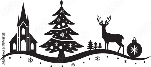 This Christmas silhouette card design showcases a graceful deer standing beside festive baubles and gift boxes placed beneath a holiday scene