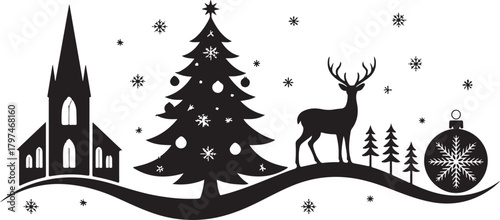 This Christmas silhouette card design showcases a graceful deer standing beside festive baubles and gift boxes placed beneath a holiday scene