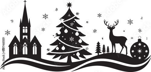 This Christmas silhouette card design showcases a graceful deer standing beside festive baubles and gift boxes placed beneath a holiday scene