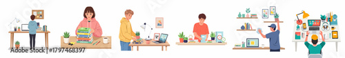 Colorful Illustration of People Working from Home at Their Desks