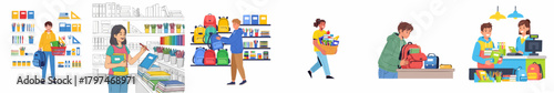 Flat Illustration People Shopping in Grocery Store and Paying at Checkout