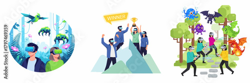 Flat Style Metaverse Experience and Virtual Reality World Illustration Set