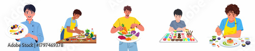 Colorful Flat Illustration of Diverse People Cooking and Preparing Meals
