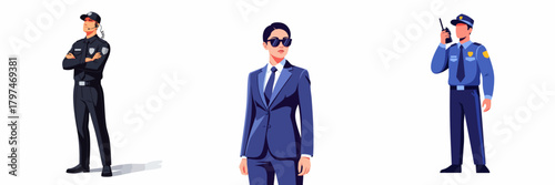 Flat Illustration of Professional Bodyguard and Police Officer Characters Standing Security