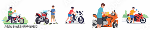 Flat Illustration Set of People Cleaning and Riding Motorcycle, Transportation Vehicle