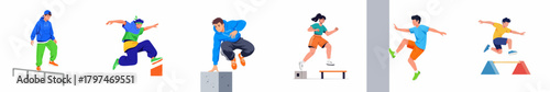Flat Style Group of People Doing Parkour Action Illustration