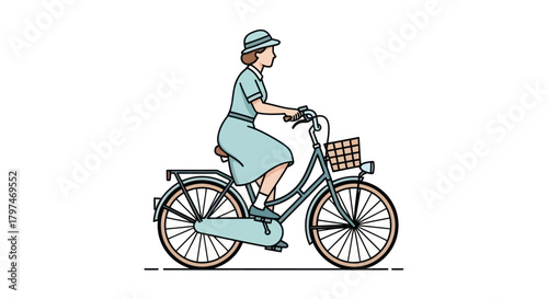 Woman Riding a Bicycle with Basket Wearing Hat and Dress.