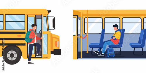 Flat Design Illustration of Student Getting on and Sitting in School Bus