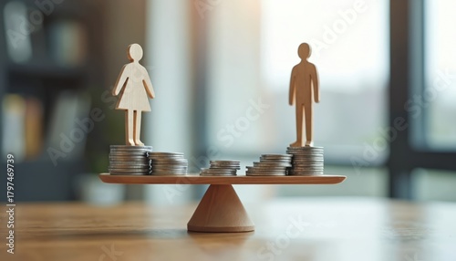 Image represents pay equity and wage fairness. Wooden figures of woman and man stand on balanced scales. Coins depict equal compensation in workplace. Financial equality business concept.