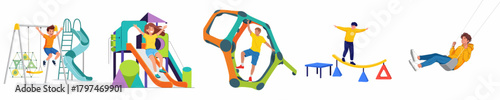 Playful Flat Illustration of Children Enjoying Various Playground Equipment Set