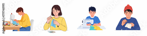 Flat Illustration of Various People Sewing and Crafting Designs at Home