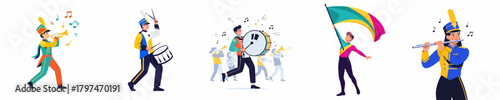 Flat Illustration Band Member Playing Instrument in Colorful Marching Band