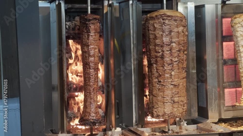 Close-up rotating doner kebab meat grilling on vertical rotisserie in a restaurant kitchen