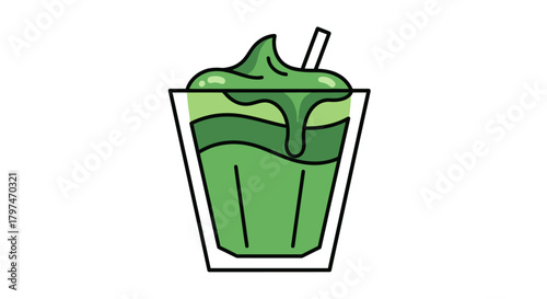 Refreshing Green Matcha Drink with Whipped Cream and Straw.