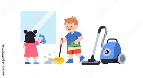 Two young children happily cleaning house sweeping and wiping windows.