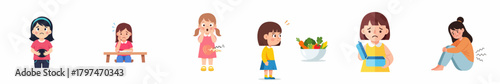 Flat Style Illustration Set of Emotional Little Girl Character Behavior Expression