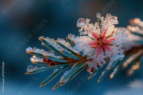 Flocon de neige givré sur branche de sapin, macro hivernale lumineuse avec cristaux détaillés et ambiance froide naturelle