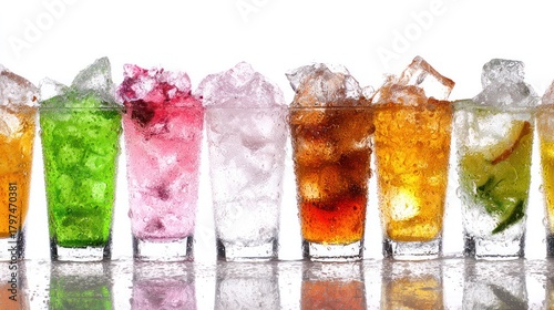 Assorted colorful beverages in crushed ice with condensation. bar promotions, beverage menus, designed for food & beverage menus and cafe branding, used by interior designers.