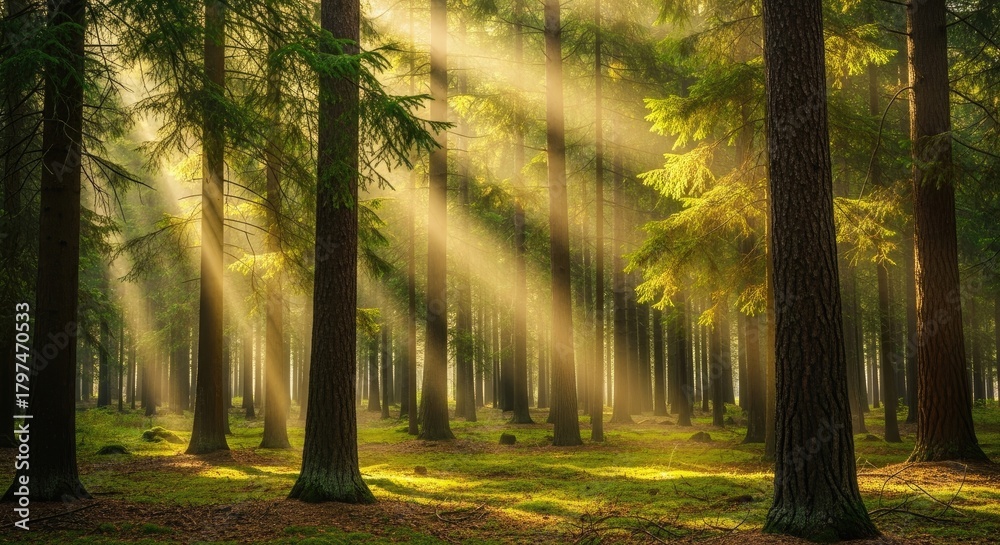 Fototapeta premium Enchanting Sunlight Rays Piercing Through Misty Forest Trees