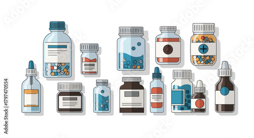 Assortment of Pharmaceutical Bottles and Dropper Vials with Labels.