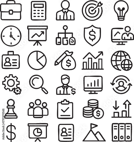 Collection of hand drawn business and finance icons vector