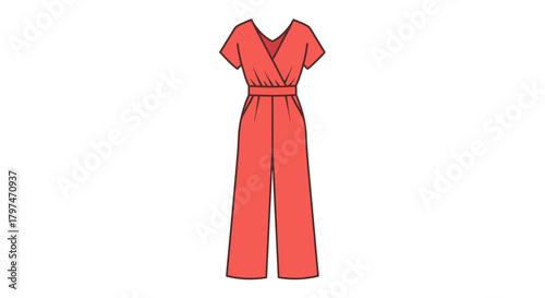 Red Jumpsuit with V-Neck and Short Sleeves Fashionable One-Piece Outfit.