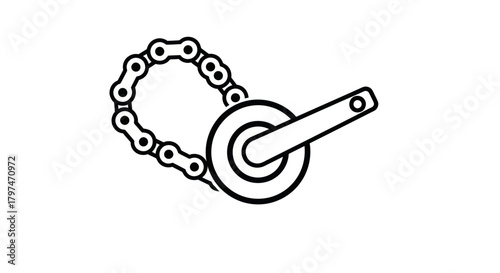 Bicycle Crankset with Chain: Black and White Line Art.