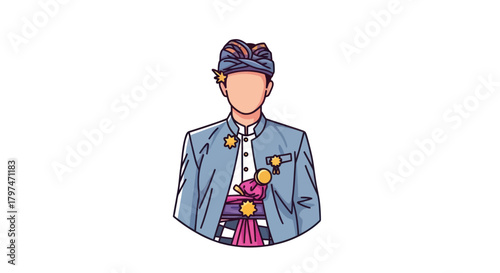 Man in Traditional Indonesian Attire with Elaborate Headwear and Medals.