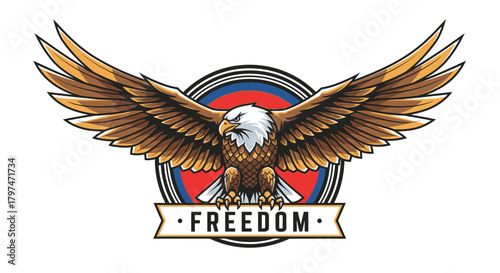 Eagle with spread wings in front of a roundel with the word "FREEDOM" below.