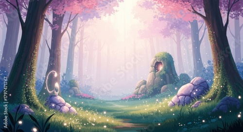 Enchanting Fantasy Forest: Dreamy Landscape with Glowing Elements and Pink Foliage