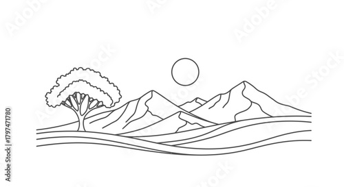 A minimalist line art drawing of a mountain landscape with a tree and sun.