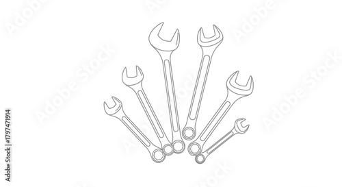 A collection of various sized wrenches arranged in a fan-like pattern on a white background.