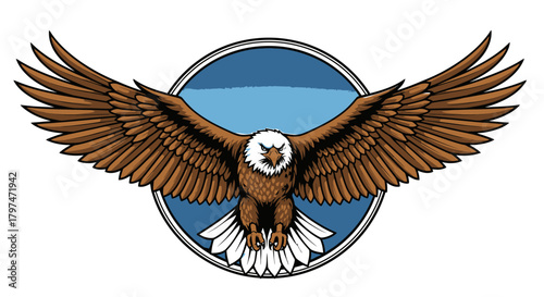 A majestic bald eagle with outstretched brown wings and white head, soaring in front of a blue circular background.