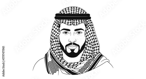 A black and white portrait illustration of a man wearing a traditional Middle Eastern keffiyeh headdress.