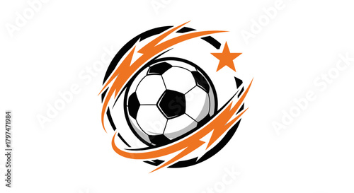 A dynamic soccer ball logo with orange lightning bolts and a star.