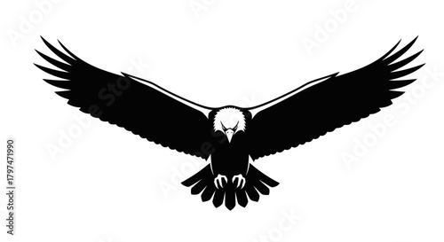 A powerful black and white graphic of a majestic eagle with its wings fully spread, isolated on a white background.