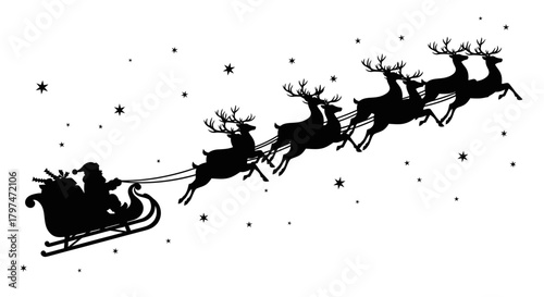 Silhouette of Santa Claus riding in his sleigh pulled by reindeer across a starry night sky.