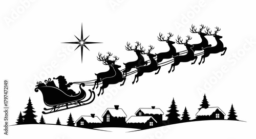 Santa Claus in sleigh pulled by reindeer flying over snowy village at night.