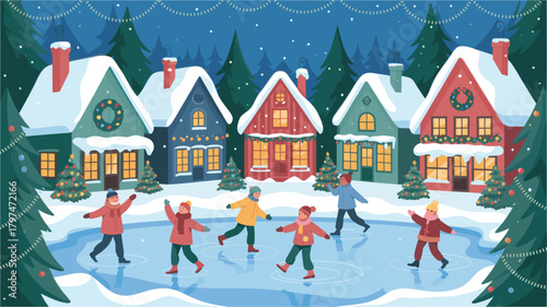 Children ice skating on frozen lake in winter village scene vector