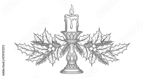 A detailed line drawing of a lit candle in an ornate holder, decorated with festive holly leaves and berries.