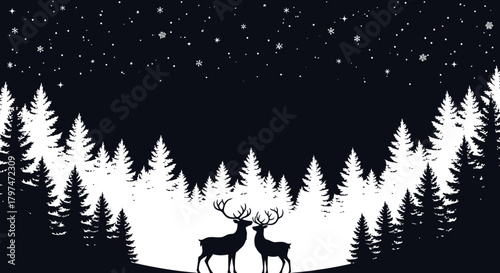Silhouettes of two majestic deer standing in a snowy winter forest under a starry night sky with falling snowflakes.