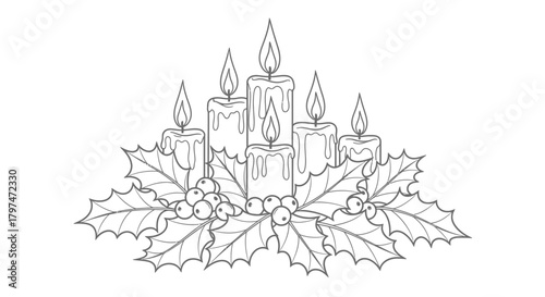 A black and white line art illustration of a festive arrangement of lit candles surrounded by holly leaves and berries, suitable for a coloring page.