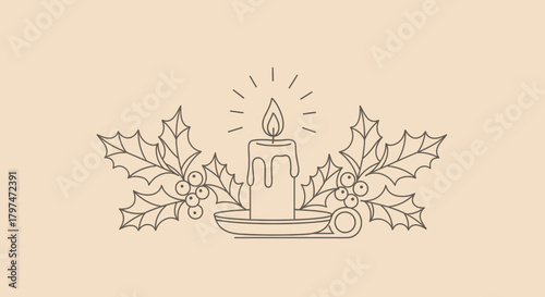 A detailed line drawing of a lit candle surrounded by holly leaves and berries.