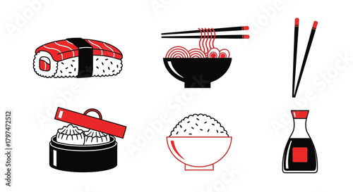 Minimalist Asian Food Icons Set Sushi Ramen Rice Dumplings Vector Elements